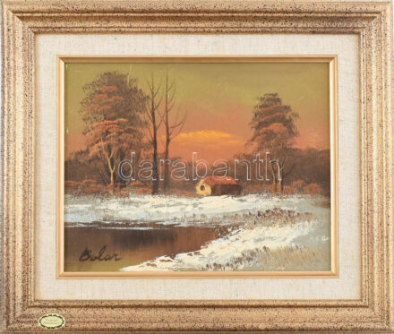 Balar jelzéssel: Tél az erdőben. Olaj, fára kasírozott vászon. Keretben. 20X25cm