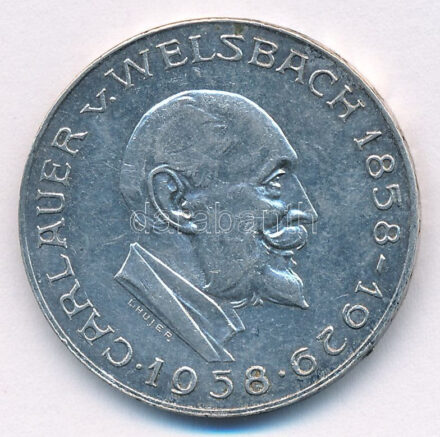 Ausztria 1958. 25Sch Ag 'Carl Auer von Welsbach' T:2 patina, ph Austria 1958. 25 Schilling Ag 'Carl Auer von Welsbach' C:XF patina, edge error Krause KM#2884