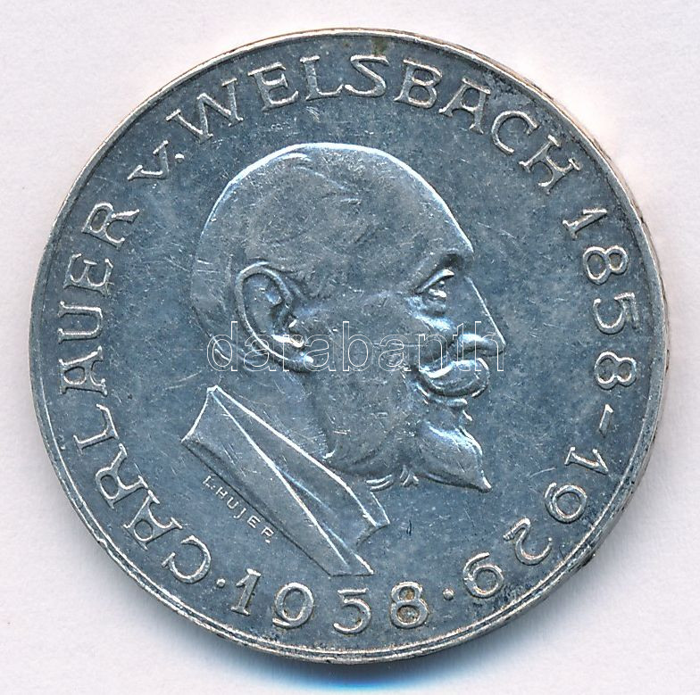 Ausztria 1958. 25Sch Ag 'Carl Auer von Welsbach' T:2 patina, ph Austria 1958. 25 Schilling Ag 'Carl Auer von Welsbach' C:XF patina, edge error Krause KM#2884