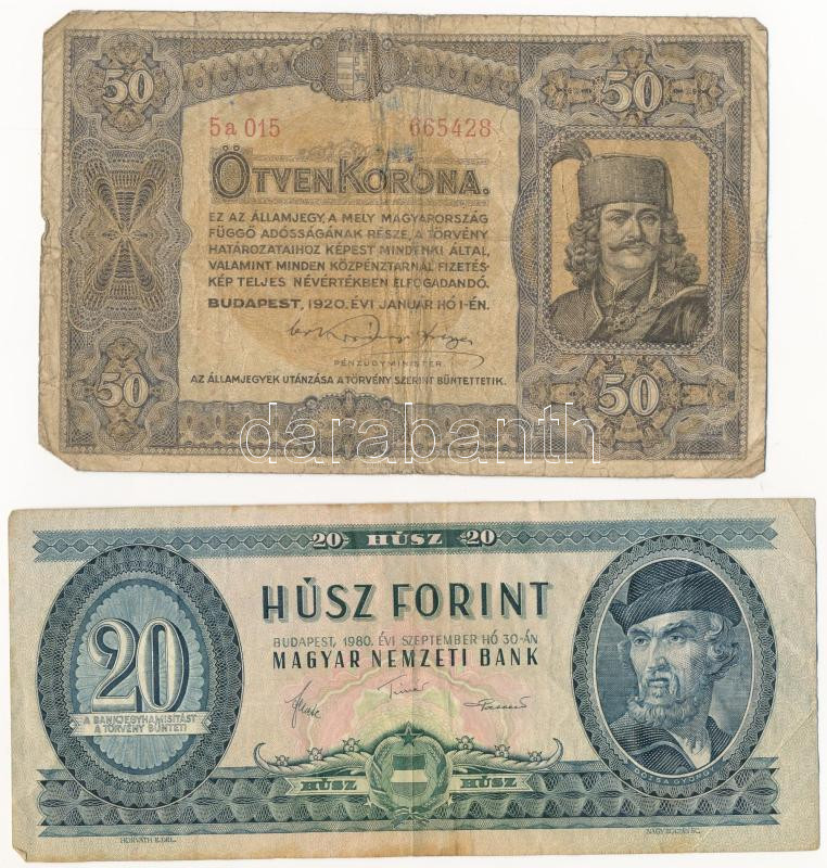 1920. 50K 'Orell Füssli Zürich' + 1980. 20Ft T:III saroktörés