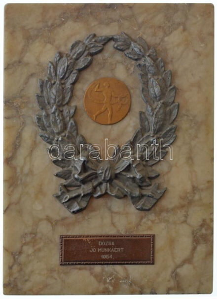 1954. 'Dózsa jó munkáért 1954.' emlékplakett márványlapon (220x160mm) T:2 kis kopások