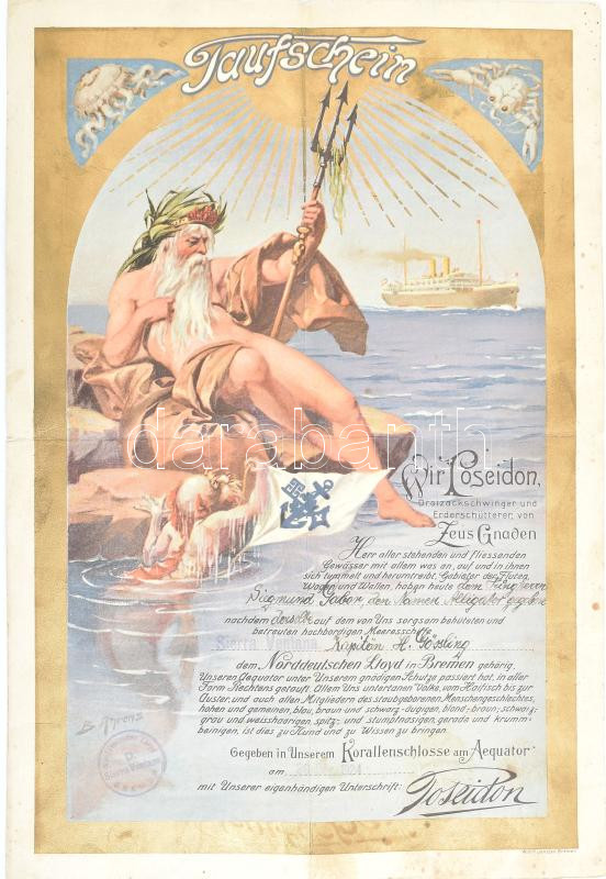 1924 A brémai 'Norddeutschen Lloyd' egyenlítő áthajózásáért járó díszes oklevele (taufschein), hajtott, 42x28 cm
