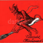 1933 Üdvözlet a Krampusztól! / Krampus greeting art postcard with Krampus flying on a broomstick (szakadás / tear)