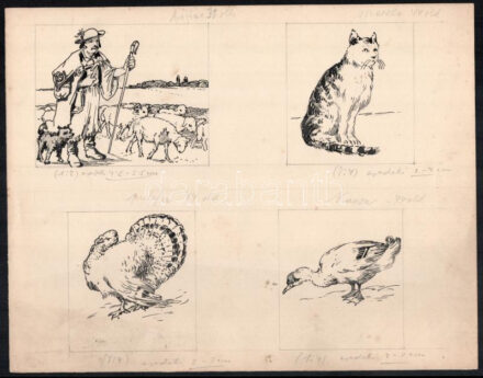 Ócsvár Rezső (1877-1968): Illusztrációk 5 db lapon. Tus, papír, egyik lap jelzett és datált, többi jelzés nélkül, 30x23,5 cm. / illustrations on 5 sheets, ink on paper, one of them signed, others unsigned.