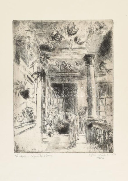 Aszódi Weil Erzsébet (1901-1976): Fecskék a lépcsőházban. Rézkarc, papír, jelzett. Lapszéli apró sérüléssel és foltos. 26×19,5 cm