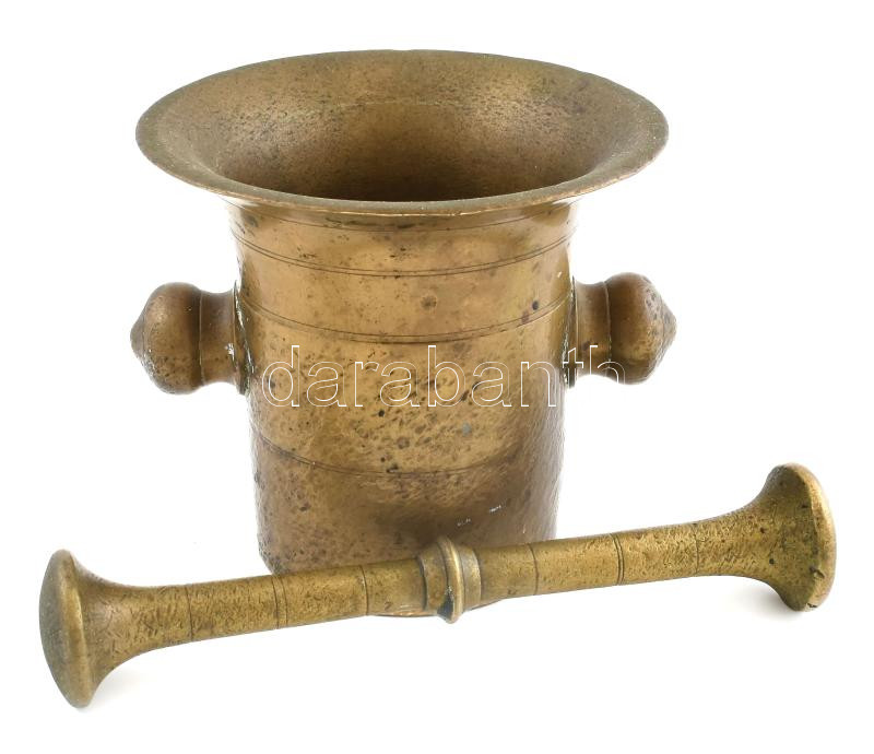 Régi réz mozsár, törővel, m: 12,5cm, d: 14 cm, h: 20,5 cm