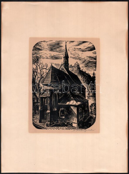 Stanislaw Raczynski (1890-1955): Krakkó (Kraków), Wawel. Linómetszet, papír, jelzett, kisebb lapszéli szakadásokkal, 21,5x16 cm (lapméret: 38,5x28,5 cm)