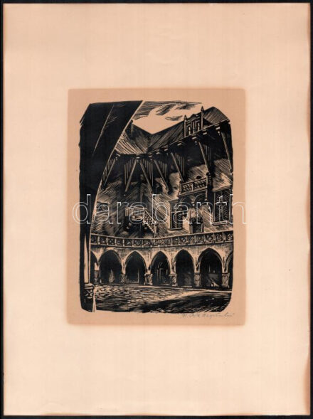 Stanislaw Raczynski (1890-1955): Krakkó (Kraków), Wawel. Linómetszet, papír, jelzett, kisebb lapszéli szakadásokkal, 22x16,5 cm (lapméret: 38,5x28,5 cm)