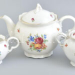 Drasche porcelán, 3 db: Teáskanna, tej kiöntő, cukortartó, matricás, apró kopásnyomokkal