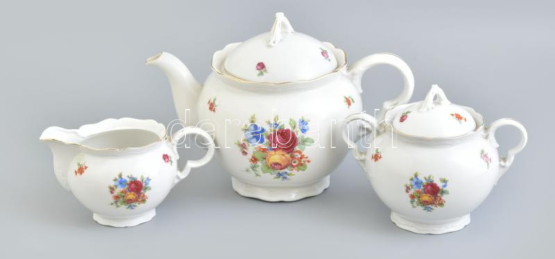 Drasche porcelán, 3 db: Teáskanna, tej kiöntő, cukortartó, matricás, apró kopásnyomokkal