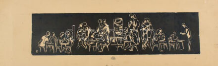 K jelzéssel: Csoportkompozíció. Linómetszet, papír, jelzett, szakadással, 11×44 cm