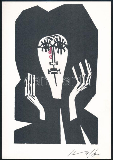 Kass János (1927-2010): Női fej. Linómetszet, papír, jelzett, nyomtatott aláírással. Devecseri Gábor (1917-1971)-Kass János (1927-2010): Bikasirató c. művéből. Bp., 2000, Tótfalusi Kis Miklós Nyomdaipari Műszaki Szakközépiskola.