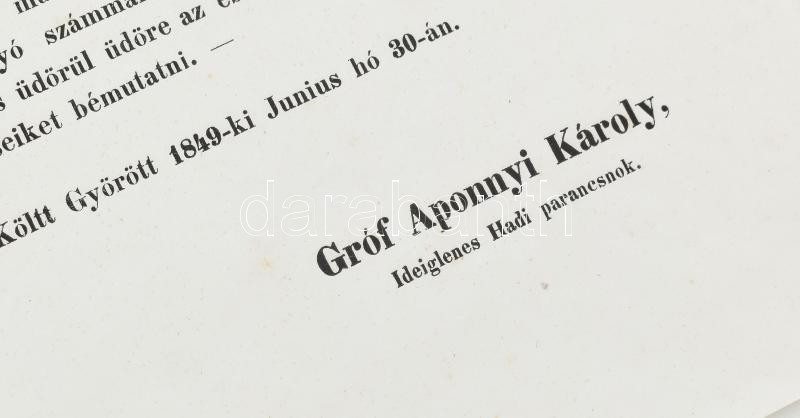 1849 gr. Apponyi Károly hadi parancsnok Kossuth bankók bevonásáról szóló hirdetménye 23x29 cm - Image 3