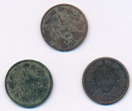 Ausztria 1859A 1kr Cu + 1860A 1kr Cu + Magyarország 1861B 1kr Cu T:2-,3 patina
