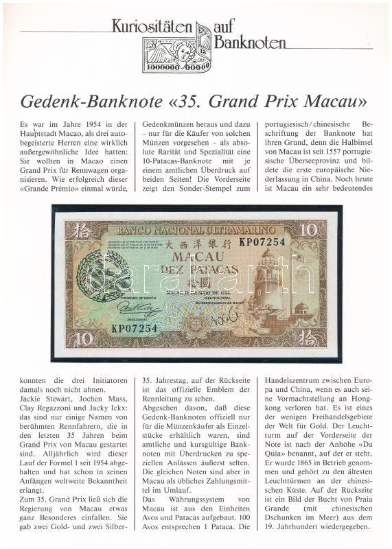 Makaó 1984. 10P 'Grand Prix Macau' bélyegzéssel, német nyelvű leírással T:I- Macau 1984. 10 Patacas with 'Grand Prix Macau' stamp, with german description C:Au