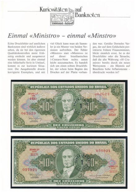 Brazília 1967. 10C '1 CENTAVO' felülbélyegzéssel (2x), német nyelvű leírással T:I- Brazil 1967. 10 Cruzeiros with '1 CENTAVO' overprint (2x), with german description C:AU Krause 183
