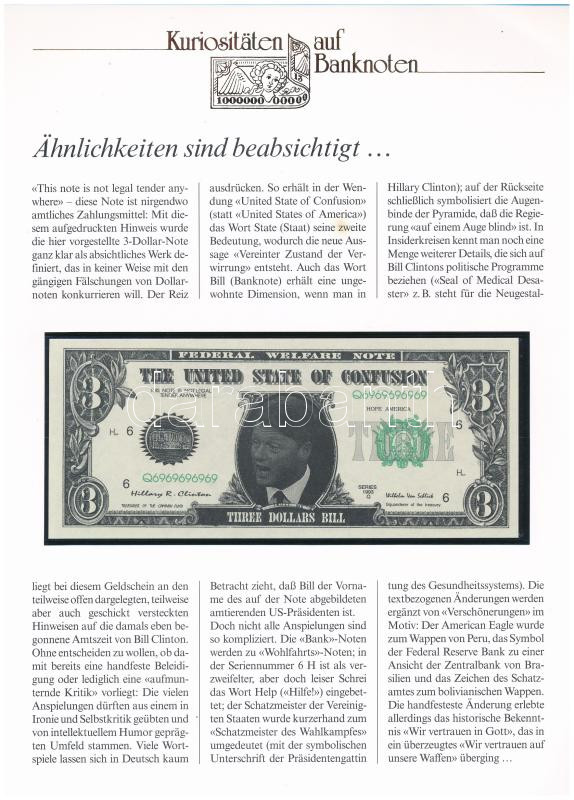 Amerikai Egyesült Államok 1993. 'Three Dollars Bill' gúny bankjegy német nyelvű tájékoztatóval T:I USA 1993. 'Three Dollars Bill' mockery banknote with german description C:UNC