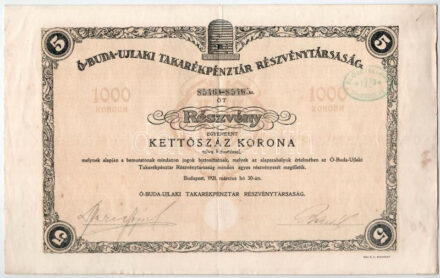 Budapest, 1921. 'Ó-Buda-Újlaki Takarékpénztár Részvénytársaság' 5 részvénye egyenként 200K-ról szárazpecséttel, szelvényekkel, 'Elővételi jog gyakorolva 1923' felülbélyegzéssel T:III folt, kis szakadás
