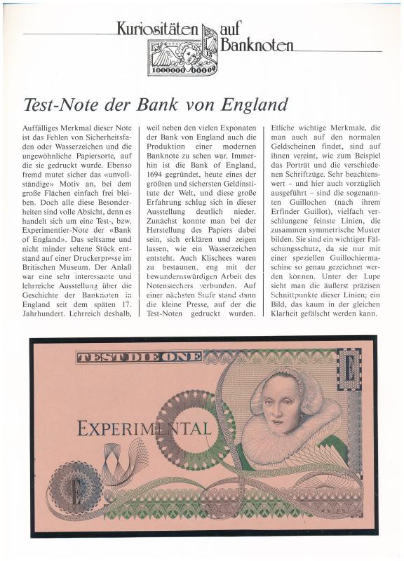 Nagy-Britannia DN 'Test Die One' bankjegy próbanyomat német nyelvű leírással T:II Graet Britain ND 'Test Die One' banknote test print with german description C:XF