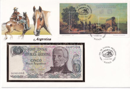 Argentína 1983-1984. 5P felbélyegzett borítékban, alkalmi bélyegzéssel T:I Argentina 1983-1984. 5 Pesos in envelope with stamp and cancellation C:UNC