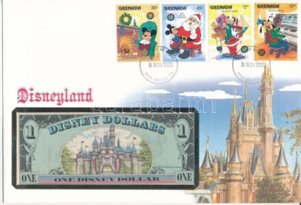 Amerikai Egyesült Államok 1990. 1DD bankjegyes borítékban, grenadai bélyegekkel és elsőnapi bélyegzéses T:1 USA 1990. 1 Disney Dollar in banknote envelope with stamps from Grenada, with first day of issue stamp C:UNC