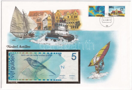 Holland-Antillák 1986. 5G borítékban, alkalmi bélyeggel és bélyegzéssel T:I Netherlands Antilles 1986. 5 Gulden in envelope with stamps and cancellations C:UNC