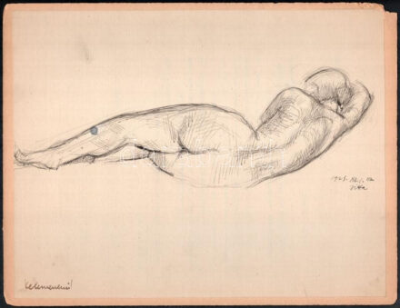 Kelemen Emil (1895-1975): Női akt - Gitta, 1927. Tus, papír, jelzett, kartonra kasírozva, feliratozott, 21x28 cm.