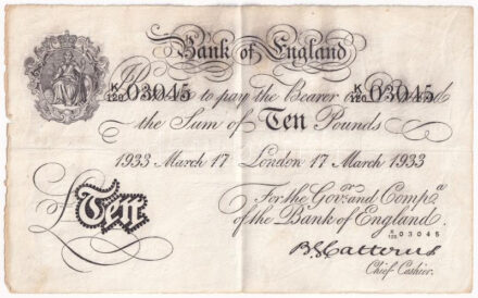 Nagy-Britannia 1933. 10P 'K120 03045' T:III tűly. kis szakadások Great Britain 1933. 10 Pounds 'K120 03045' C:F pin holes, tear Krause P#329