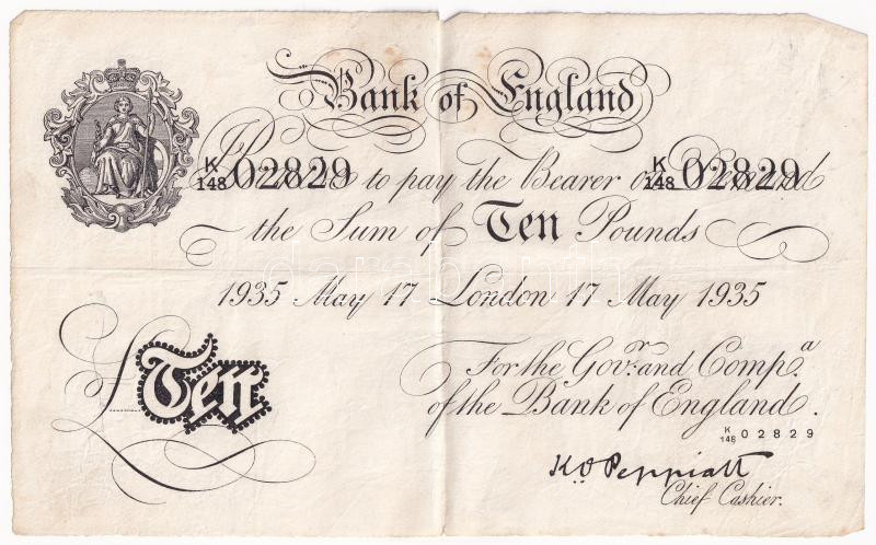 Nagy-Britannia 1935. 10P a második világháborús 'Bernhard művelet' hamis bankjegye 'K148 02829', szokásos tűnyommal T:III folt, szakadás Great Britain 1935. 10 Pounds fake banknote of 'Operation Bernhard' in World War II, 'K148 02829',