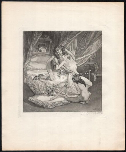 Franz von Bayros (1866-1924): Oh! Du-u-u!! (erotikus jelenet). Heliogravűr, papír, jelzett a nyomaton. 18×18 cm