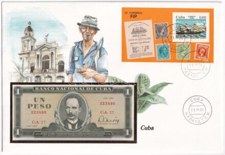 Kuba 'José Martí' bankjegyes felbélyegzett boríték bélyegzéssel, benne 1982. 1P T:I Cuba 'José Martí' coin and banknote envelope with stamp and cancellation, in it 1982. 1 Peso C:UNC