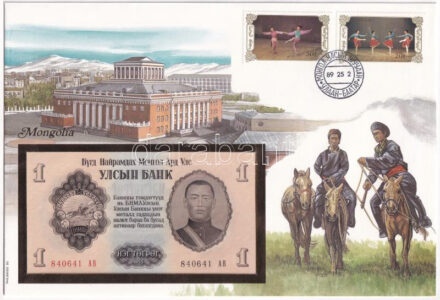 Mongólia 1955. 1T felbélyegzett borítékban, bélyegzéssel T:I Mongolia 1955. 1 Tugrik in envelope with stamp and cancellation C:UNC