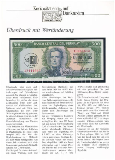 Uruguay 1975. 500P '0,50NP' felülbélyegzéssel, német nyelvű leírással T:I- Uruguay 1975. 500 Pesos with '0,50 Nuevos Pesos' overprint, with german description C:AU Krause P#54