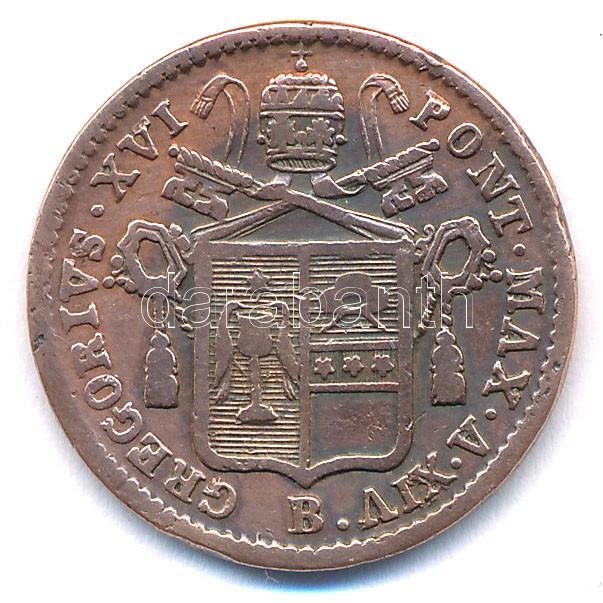 Olasz Államok / Pápai Államok 1844B 1/2b Cu 'XVI. Gergely' T:2- patina, kis ph Italian States / Papal States 1844B 1/2 Baiocco Cu 'Gregory XVI' C:VF patina, small edge error Krause KM#1319