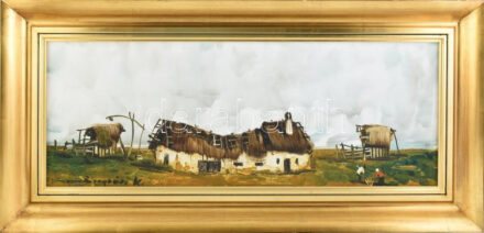 Szegvári Károly (1920-2002): Tanya. Olaj, farost, jelzett. Dekoratív, kissé sérült fakeretben, 30×80 cm