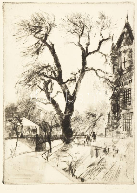 Gy. Molnár István (1933-2010): Várfok. Rézkarc, papír, jelzett. Kartonra kasírozva. 25x16 cm