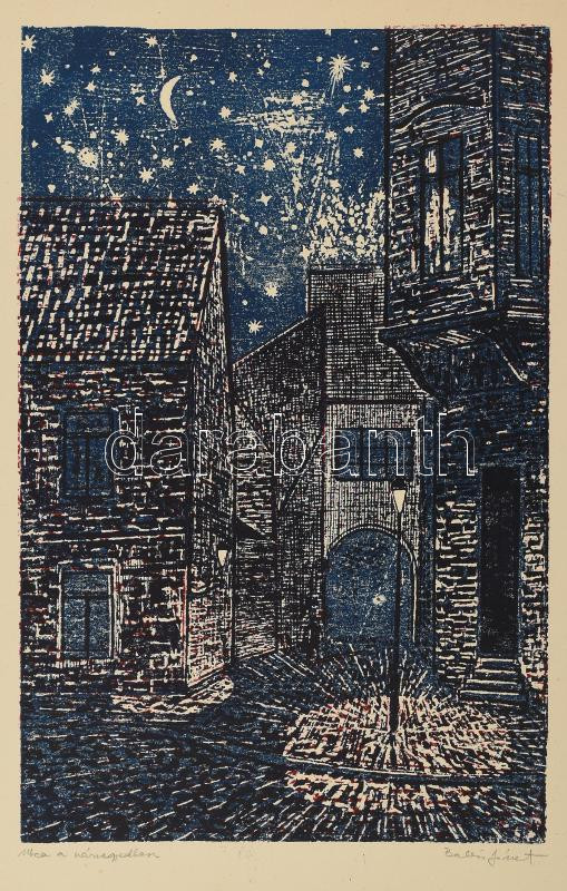 Balázs József (1930-): Utca a várnegyedben. Linómetszet, papír, jelzett. Kartonra kasírozva. 35x22,5 cm