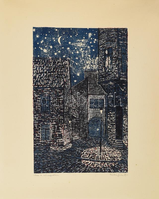 Balázs József (1930-): Utca a várnegyedben. Linómetszet, papír, jelzett. Kartonra kasírozva. 35x22,5 cm - Image 2