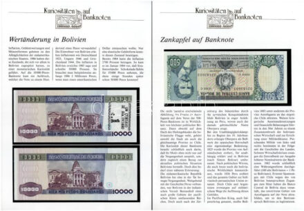 7 darab 'Kuriositäten auf Banknoten' német nyelvű tájékoztatólap Közép- és Dél-Amerikai bankjegyekkel T:I-,II egyiken folt 7 pieces 'Kuriositäten auf Banknoten' german information sheet, include banknotes from Central and South America