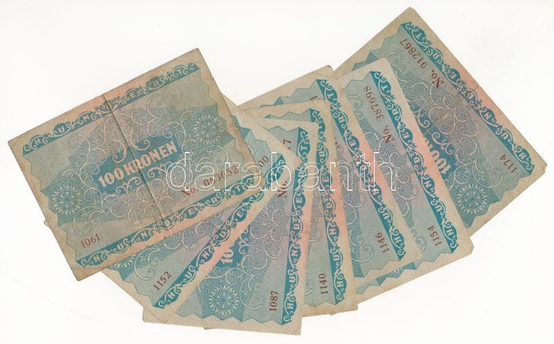 Ausztria 1922. 100K (7db) + magyar 100K eredeti kötegelője T:III,III- Austria 1922. 100 Kronen (7pcs) + Hungarian 100 Korona original wrapper C:F,VG - Image 2