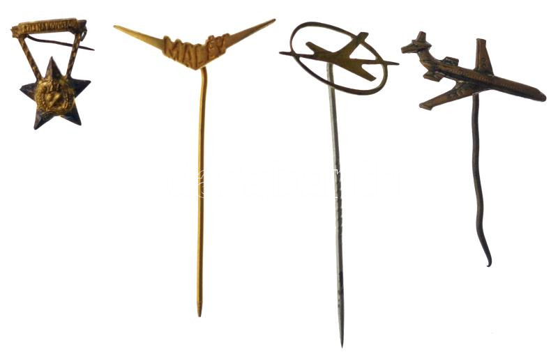 3db-os repülős jelvénytétel, közte 'MALÉV' + ~1950. 'Sztahanovista' kitüntetés miniatűrje T:1-2- egyik tű sérült