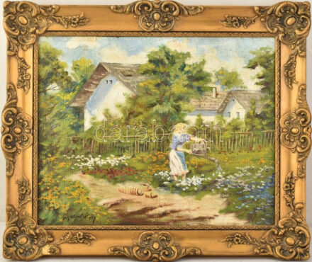 Sajószentpétery jelzéssel: Locsoló lány. Olaj, vászon, dekoratív fakeretben. 40x50 cm