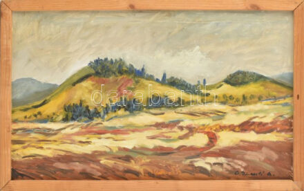 G. Szántó András (?-2002): Őszi táj. Olaj, farost, jelzett. Hátoldalán autográf felirattal és a művész bélyegzőjével. Fakeretben. 35x58 cm