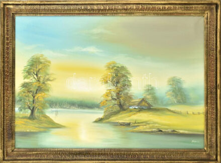 Olvashatatlan jelzéssel: Vízparti táj. Olaj, vászon. Fakeretben. 49x69 cm