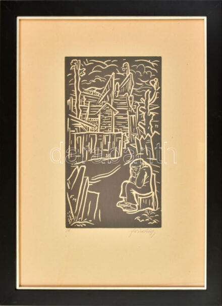 Farkasházy Miklós (1895-1964): Töprengő. Linómetszet, papír, jelzett. Üvegezett fakeretben. 31,5x18 cm