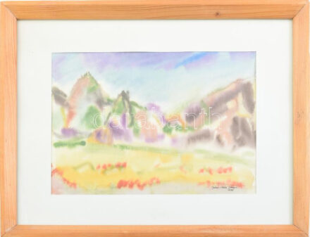 Juhos- Kiss János: Tájkép. Akvarell, papír, üvegezett fakeretben, jelzett, 20x28,5 cm