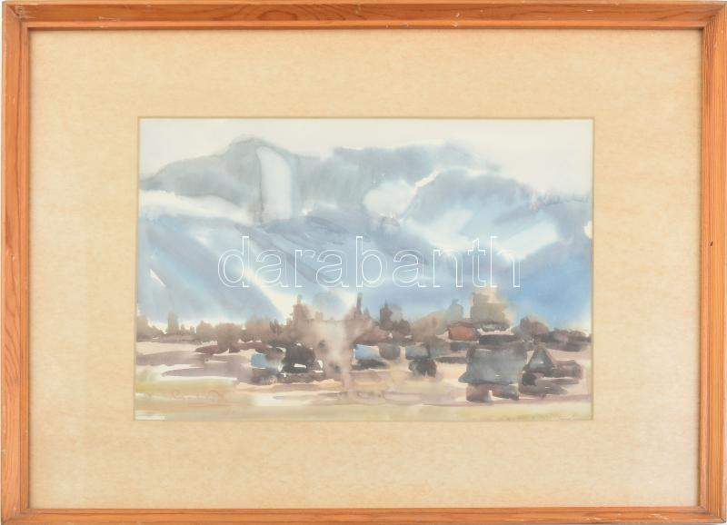 Csorba Tibor (1906-1985): Város. Akvarell, papír, jelzett, üvegezett fakeretben. 25x33,5 cm A felvidéki Lőcsén, majd a fővárosban járt gimnáziumba. 1925-ben a Képzőművészeti Főiskolán kezdte művészeti tanulmányait. A Szegedi