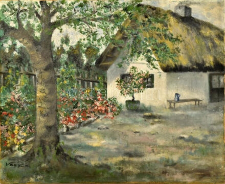 Nagy jelzéssel: Virágos udvar. Olaj, vászon. 36x42,5 cm.