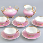 Antik, pink, cseh teás szett, 5 személyes, 13 részes, porcelán, kopott, jelzés nélkül.