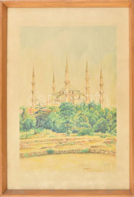 Olvashatatlan jelzéssel: Ahmed szultán mecsetje, Isztambul. Akvarell, papír. Üvegezett fakeretben. 46x30 cm.